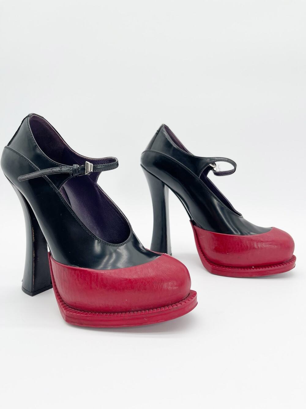 Prada Fall 2012 Runway Black Red Rubber Dipped Cap Toe Mary Jane Heels IT 38